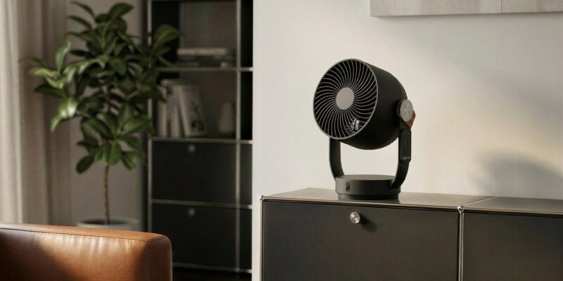 Вентилатор Leo 3D air circulator by-Stadler Form с 3D осцилация черен цвят поставен на скрин
